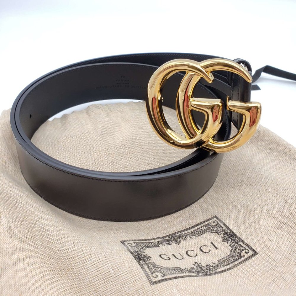 100% Authentic Gucci GG Marmont Leather Black Belt with Shiny Gold Buckle New - Picture 2 of 9